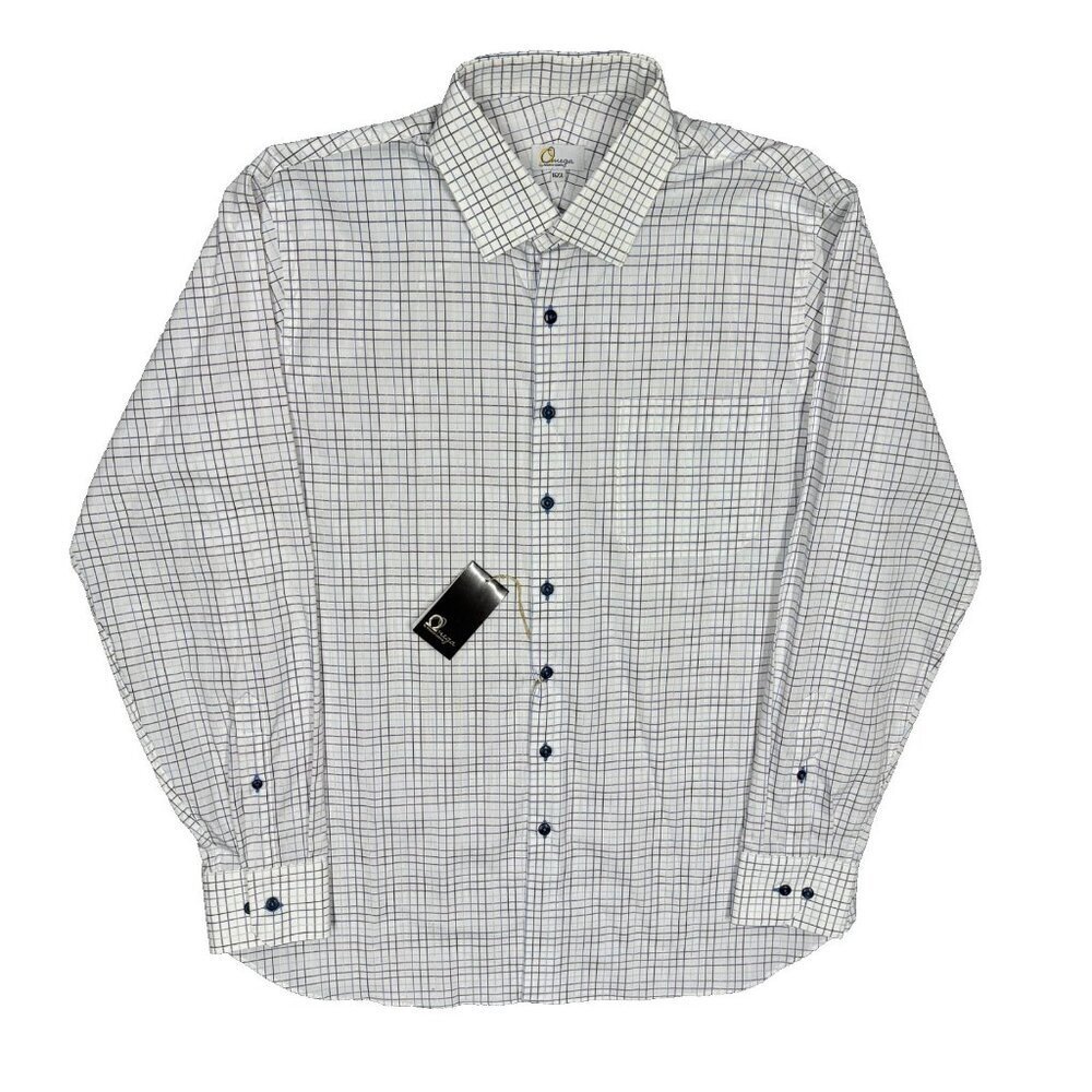 NWT Omega Dress Shirt Textured‎ Check Cotton White Long Sleeve 16.5 Large